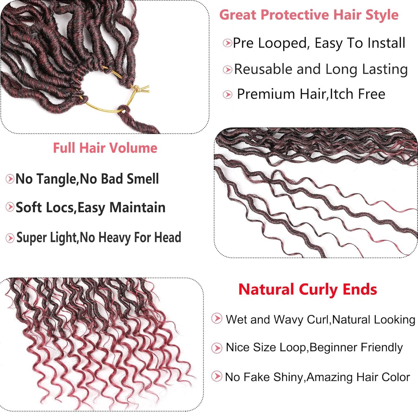 Ombre Burgundy Red Boho Goddess Locs Crochet Hair - 22 Inch, 8 Packs Synthetic Faux Locs with Curly Ends