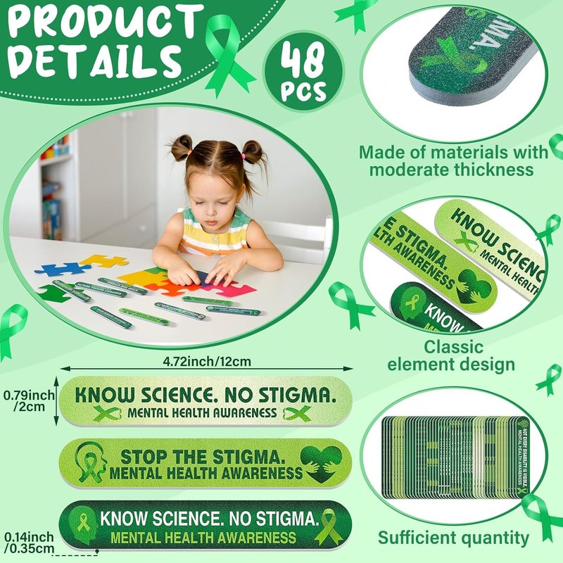 48 Pcs Green Ribbon Emery Boards - Double-Sided Nail Files for Mental Health Awareness | Manicure Tools in 12 Styles