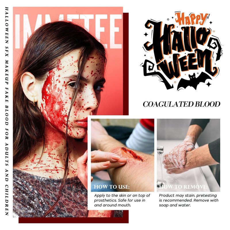 immetee Fake Blood Gel, Sfx Blood Gel with Stipple Sponge, Sfx Fake Blood Makeup Kit, Halloween Coagulated Stage Blood Specail Effects Makeup Face Body Paint. 55g