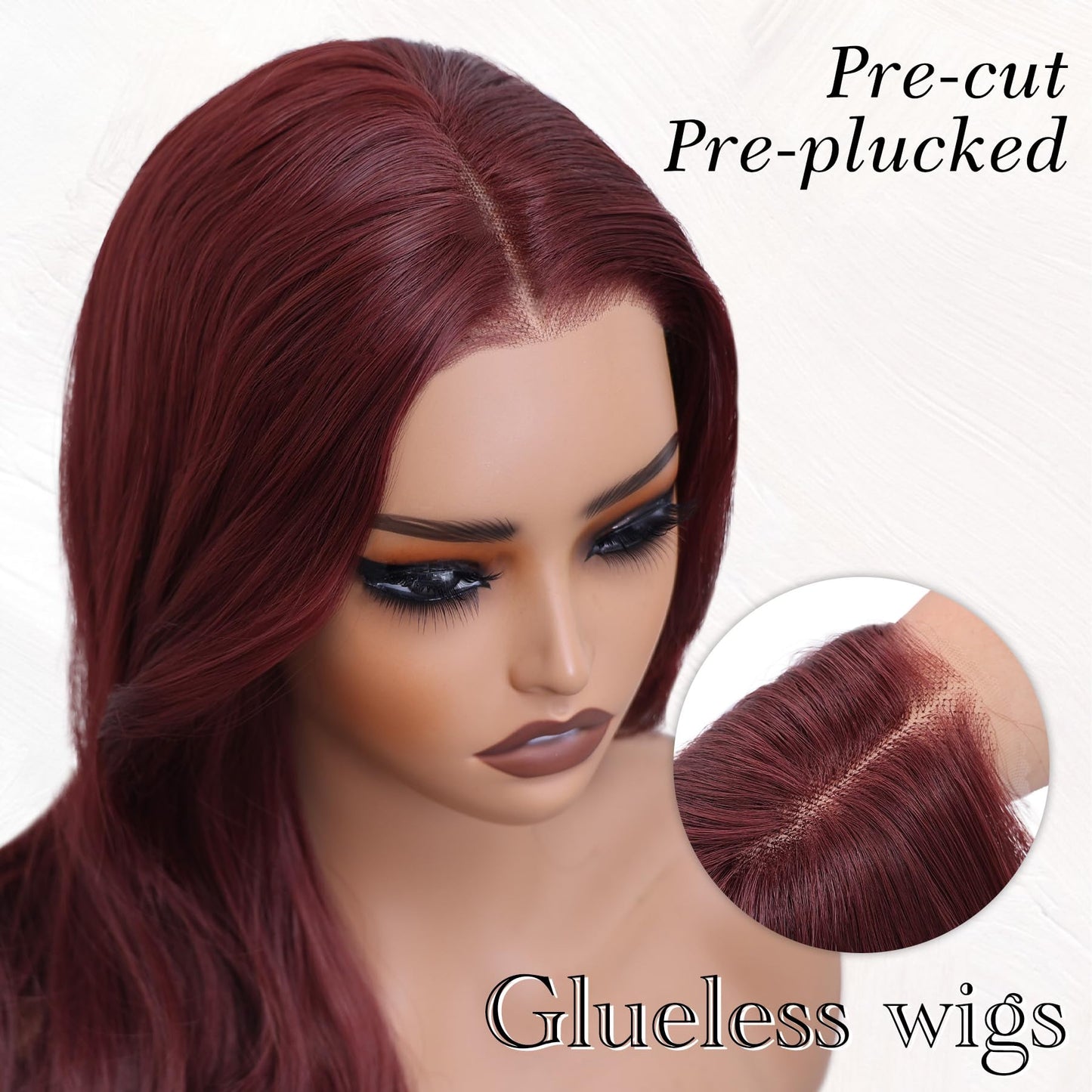WECAN Wine Red-Synthetic Lace Front Wig Glueless Wig 13X4 Pre Plucked Pre Cut Wavy Wig