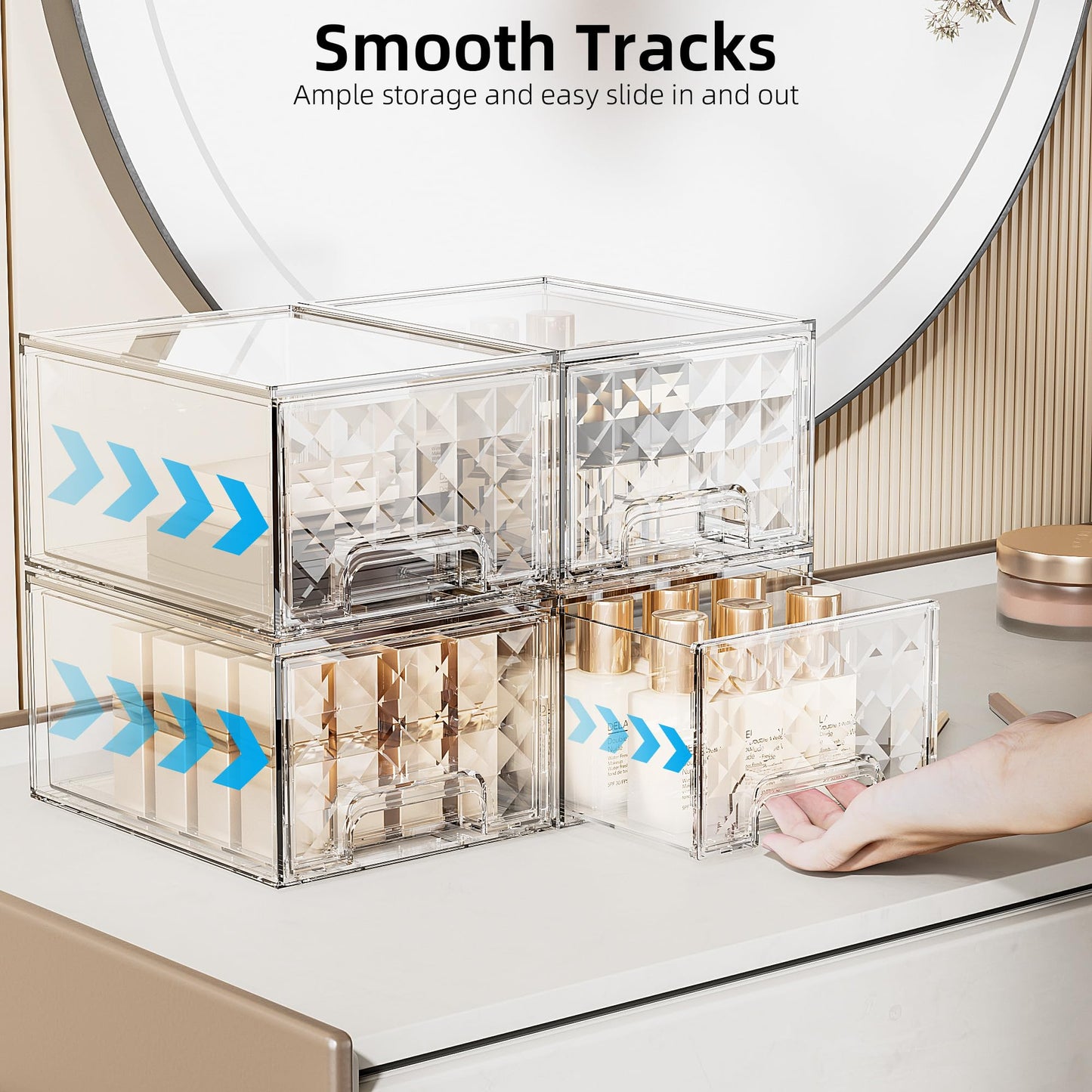 Delamu 6 Pack Stackable Storage Drawers, Makeup Skincare Holder Vanity Storage Organizer, Plastic Drawers For Vanity Desk, Undersink, Kitchen Cabinet, Pantry, Clear, Ideal Gifts for Women