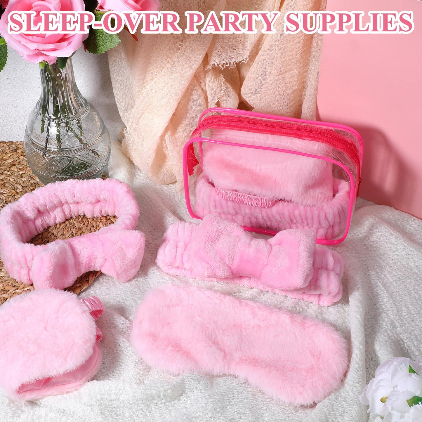Yuanan 36 Pcs Spa Headband Sleep Eye Mask and Clear Cosmetic Bags, Pink Girls Sleepover Party Supplies for Christmas Spa Bachelorette Birthday Slumber Party