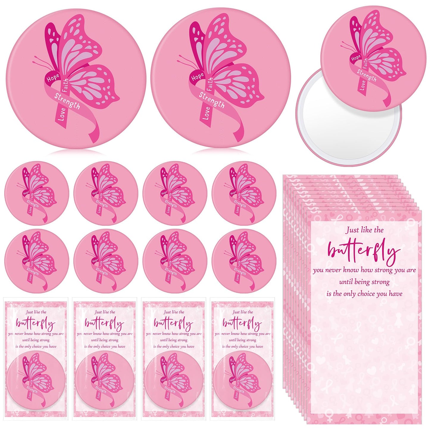 Pinkunn 50 Set Women's History Month Gifts Bulk, Pink Compact Pocket Mirrors and Motivational Cards Inspirational Gifts for Women Coworker Friend Nurse Female Pocket Mirror for Purses