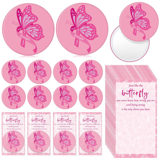 Pinkunn 50 Set Women's History Month Gifts Bulk, Pink Compact Pocket Mirrors and Motivational Cards Inspirational Gifts for Women Coworker Friend Nurse Female Pocket Mirror for Purses