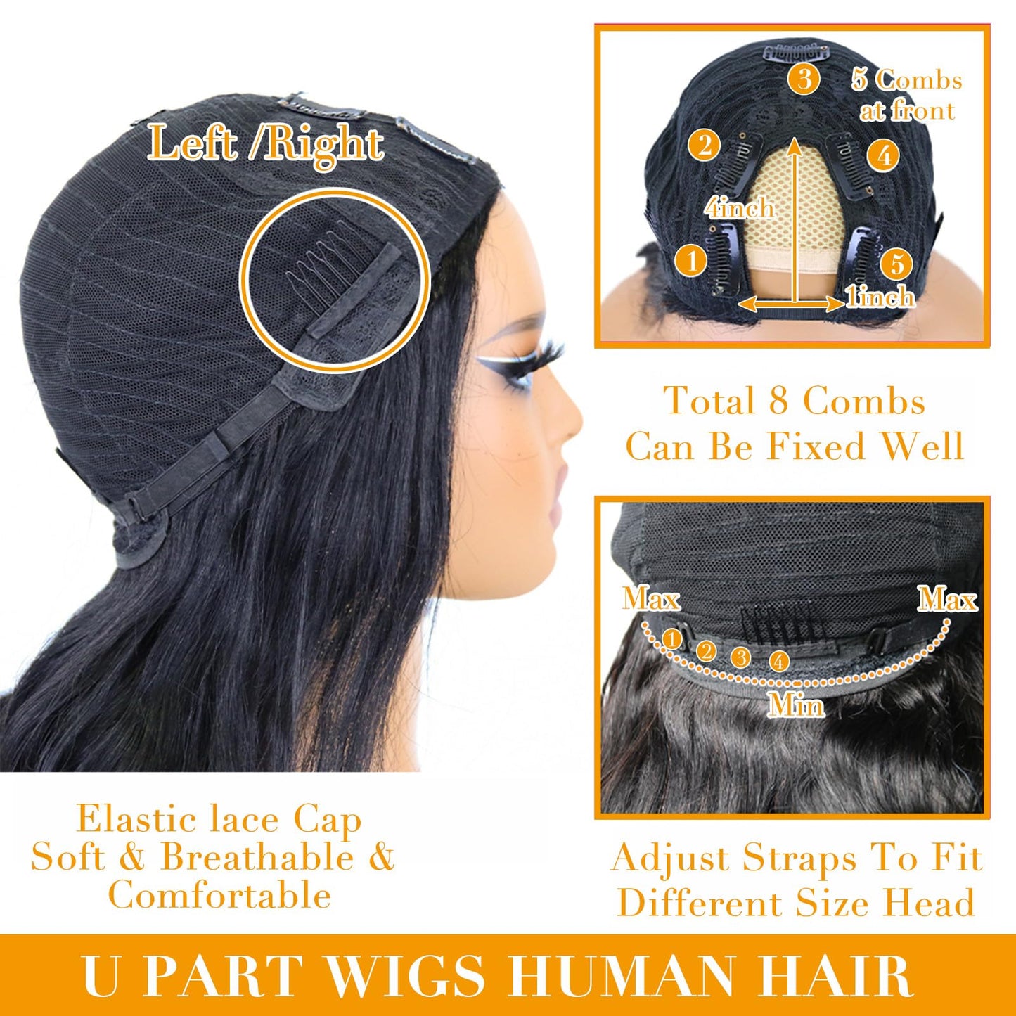 Glowig U Part Human Hair Wig Body Wave for Women Brazilian Remy Upart Human Hair Wig Beginner Friendly No Sew in NO Glue 180% Density Natural Color 14Inch