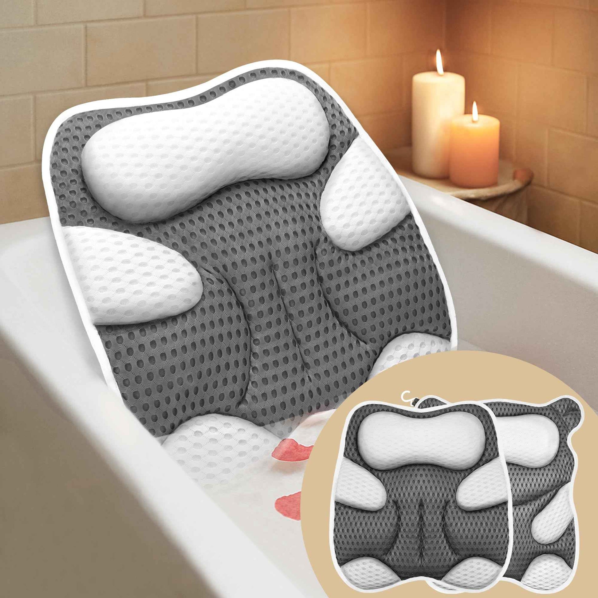 ZYIDBNG Bath Pillow for Tub Ergonomic Cat Shape and Bear Shape Design Bath Pillow for Head and Neck Support SPA Gift Bathtub Pillow 4D Air-Mesh with Suction Cups Washable Gray(1 Pack)