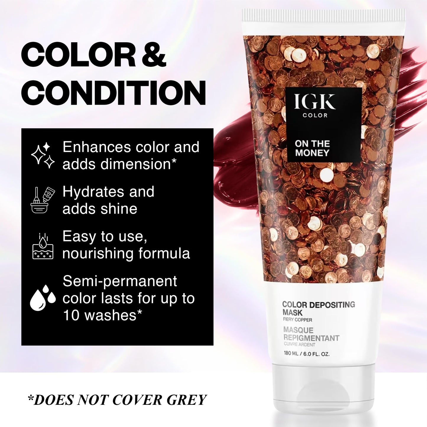 IGK On The Money | Fiery Copper Hair Gloss + Color Depositing Mask | Boost Shine, Enhance Copper Tones, Refresh Color | Semi Permanent Conditioning Treatment | Vegan | 6 oz
