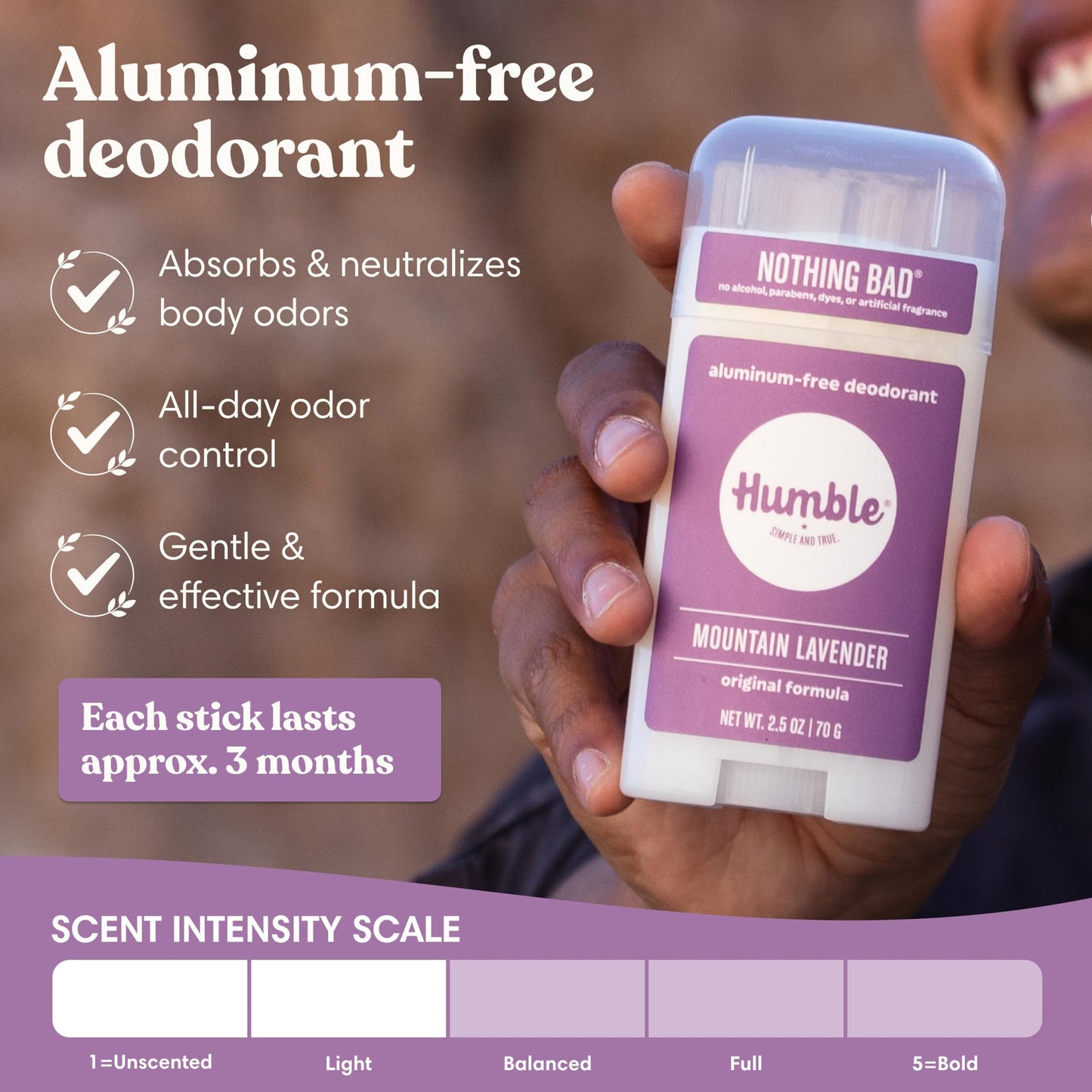 Humble Aluminum-Free Deodorant for Women & Men, Mountain Lavender - Clean & Fresh Natural Deodorant Stick with Essential Oils for Long-Lasting Odor Control - 3 Pack