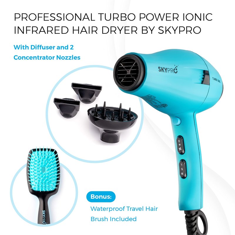 Turbo Ionic Blow Dryer with Attachments | Quiet & Powerful Professional Blow Dryer with Anti Frizz Technology | Tourmaline Hair Dryer with Infrared Heat |Short Barrel Travel Hair Dryer with Diffuser