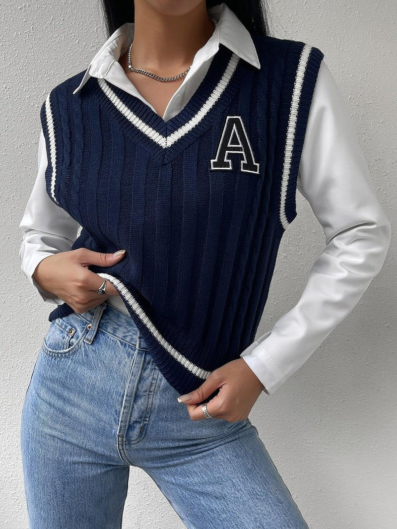 Floerns Women's V Neck Letter Striped Trim Sleeveless Sweater Vest Knit Top Navy Blue S