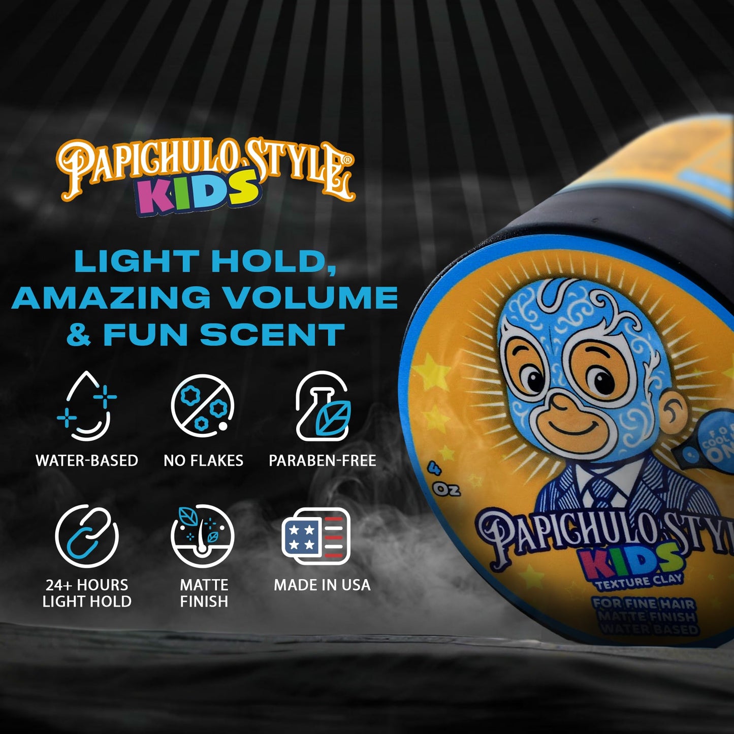 Papichulo Style Kids Texture Clay – Light Hold, Matte Finish, Adds Volume – Kid-Friendly Scent, Water-Based, Flake-Free, Easy Washout, Paraben-Free – Made in USA