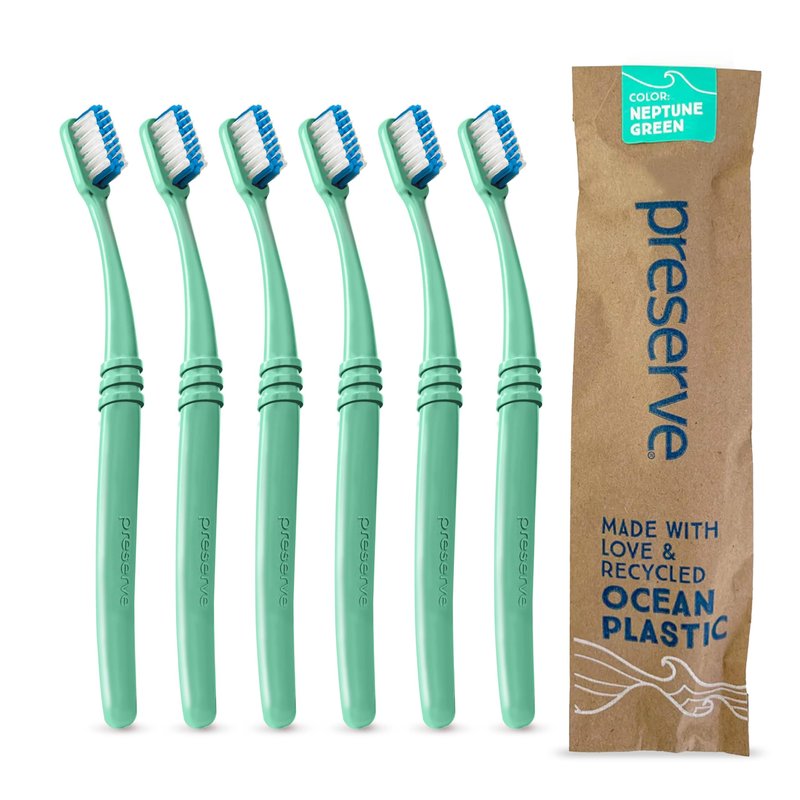 Preserve Ocean Plastic Initiative (POPI) Adult Toothbrush, Made in USA from Recycled Ocean Plastic, Neptune Green, Soft, 6 Count