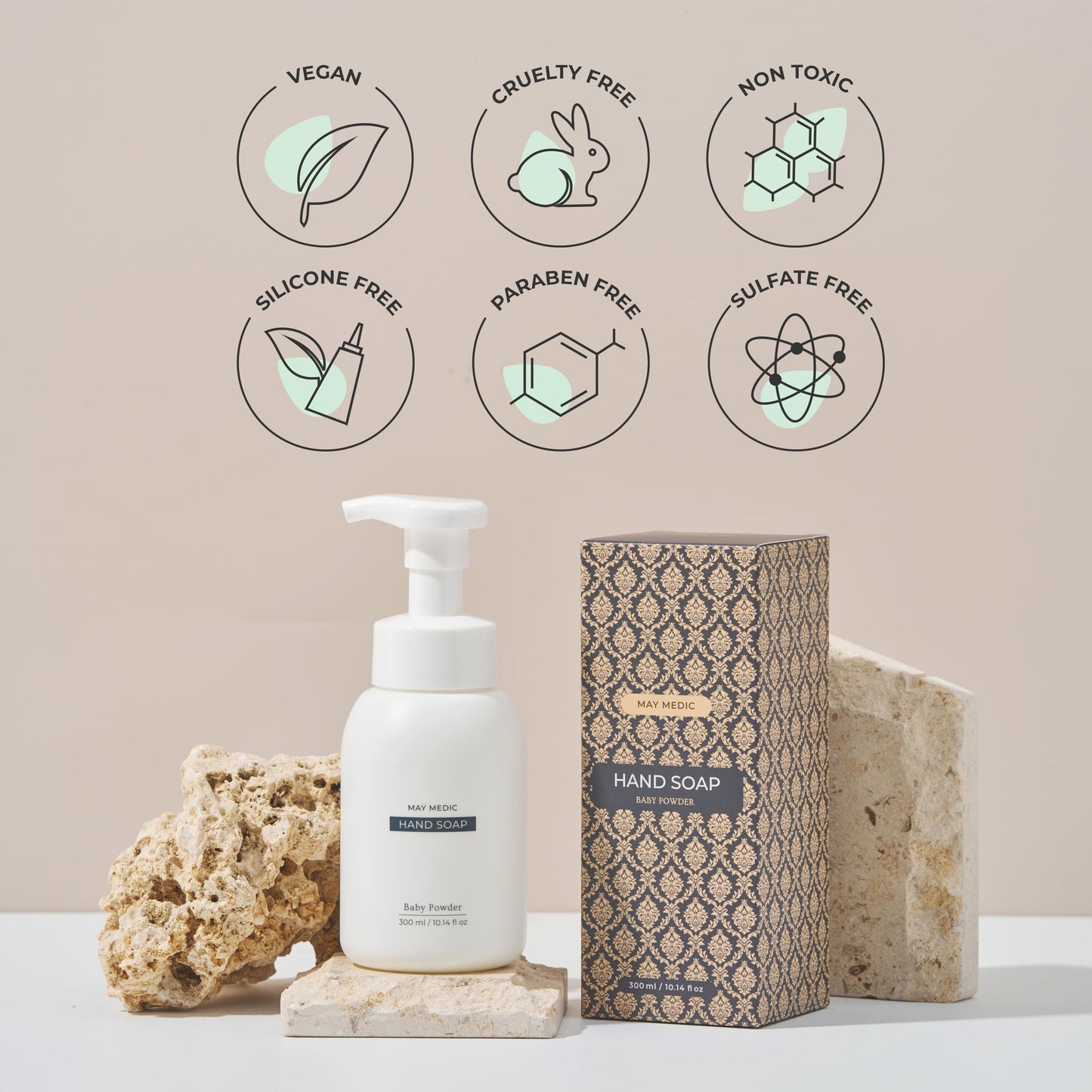 MAY MEDIC Baby Powder Double Scented Foaming Hand Soap, Moisturizing Foam with Fig and Pomegranate Extract, Vegan Wash for Bathroom and Kitchen, 10.14 fl oz (BabyPowder-2)