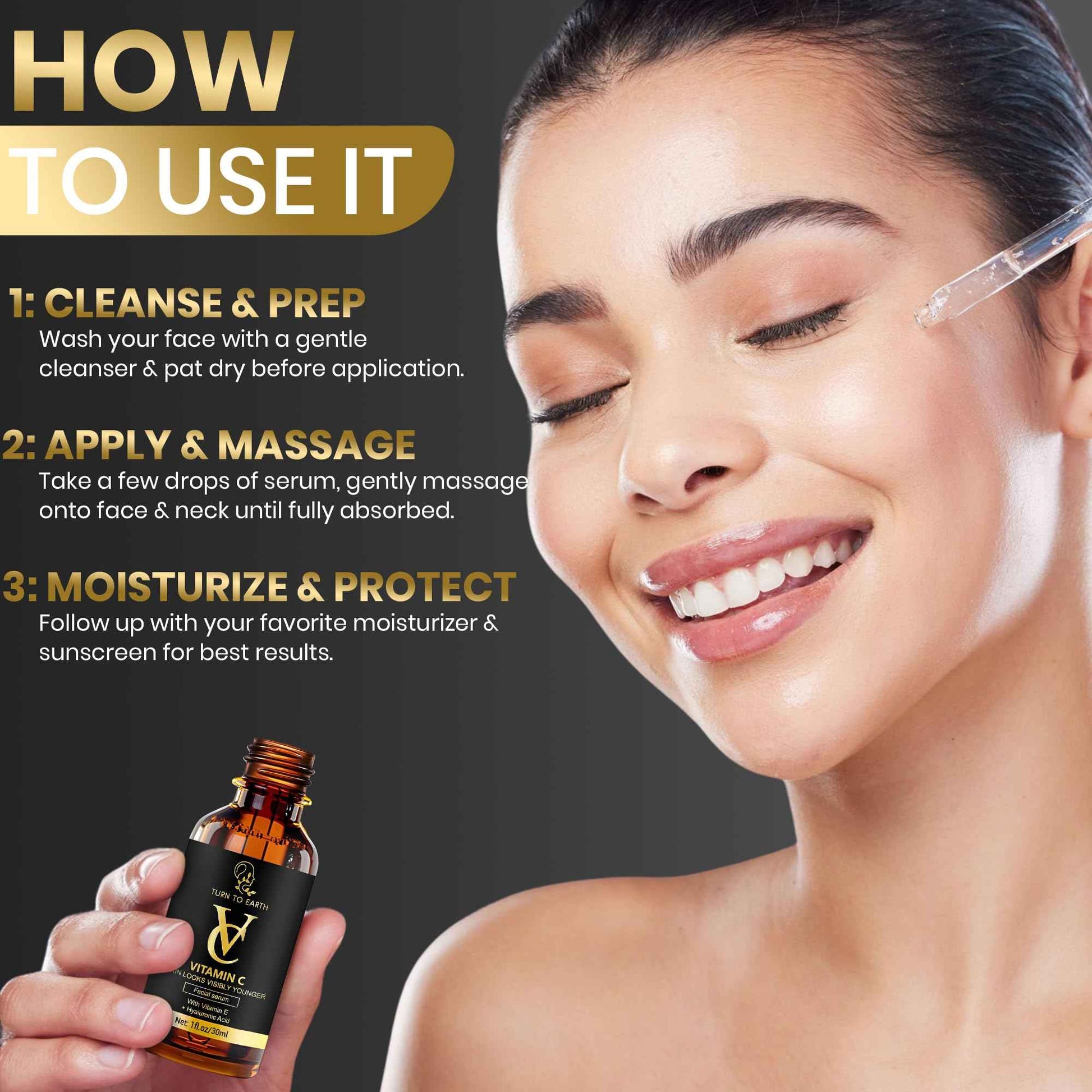 TURN TO EARTH Vitamin C Facial Serum with Vitamin E, Hyaluronic Acid, and Aloe Vera, for Skin Brightening, Dark Spot Reducing, Evening Skin Tone Formula in a 1 fl oz Glass Bottle