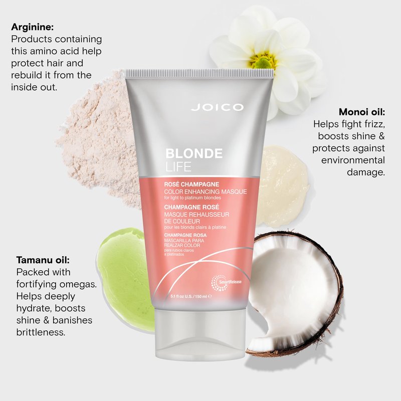 Joico Blonde Life Color Enhancing Masque | For Blonde Hair | Color Depositing Treatment | Maintain Unique Blonde Tones | Fortified With Monoi & Tamanu Oil | Rose Champagne| 5.1 Fl Oz