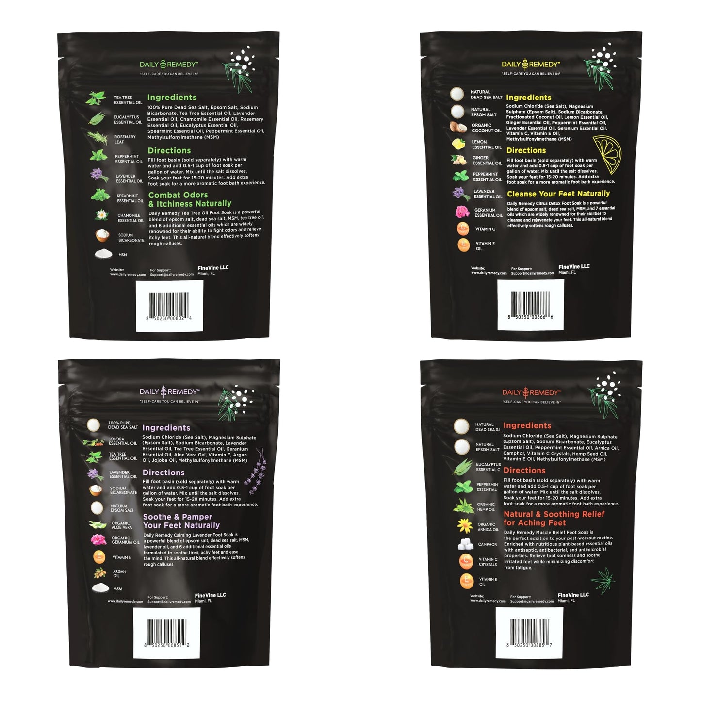 DAILY REMEDY Foot Soak Salts- Variety Pack of 4- Tea Tree Oil, Muscle Relief, Calming Lavender & Citrus Soak- For Foot Pain, Soreness, Athlete’s Foot, Odors, Calluses-Made In USA
