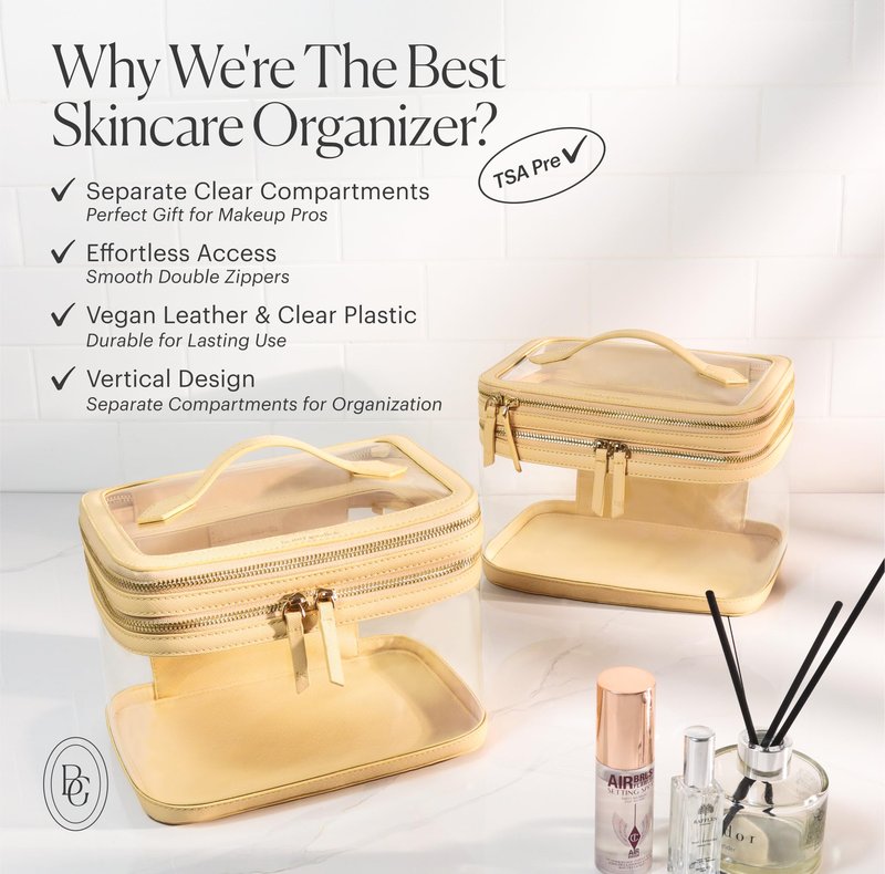 Clear Travel Makeup Bag for Women Organizer with Handle Beige, Extra Large Transparent Makeup Bag Toiletry Organizer with Zipper, Clear Cosmetic Travel Bags for Women Skincare Organizer for Traveling