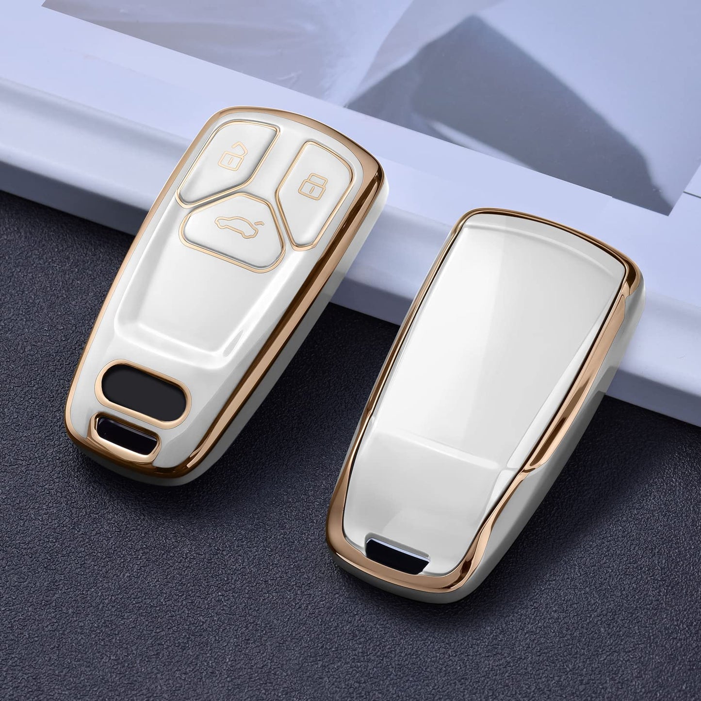ELOHEI for Audi Key Fob Cover, Premium Soft TPU 360 Degree Full Protection Key Case Accessories Compatible with Audi A4 Q7 Q5 TT A3 A6 SQ5 R8 S5 Smart Key(Gold Edge White)