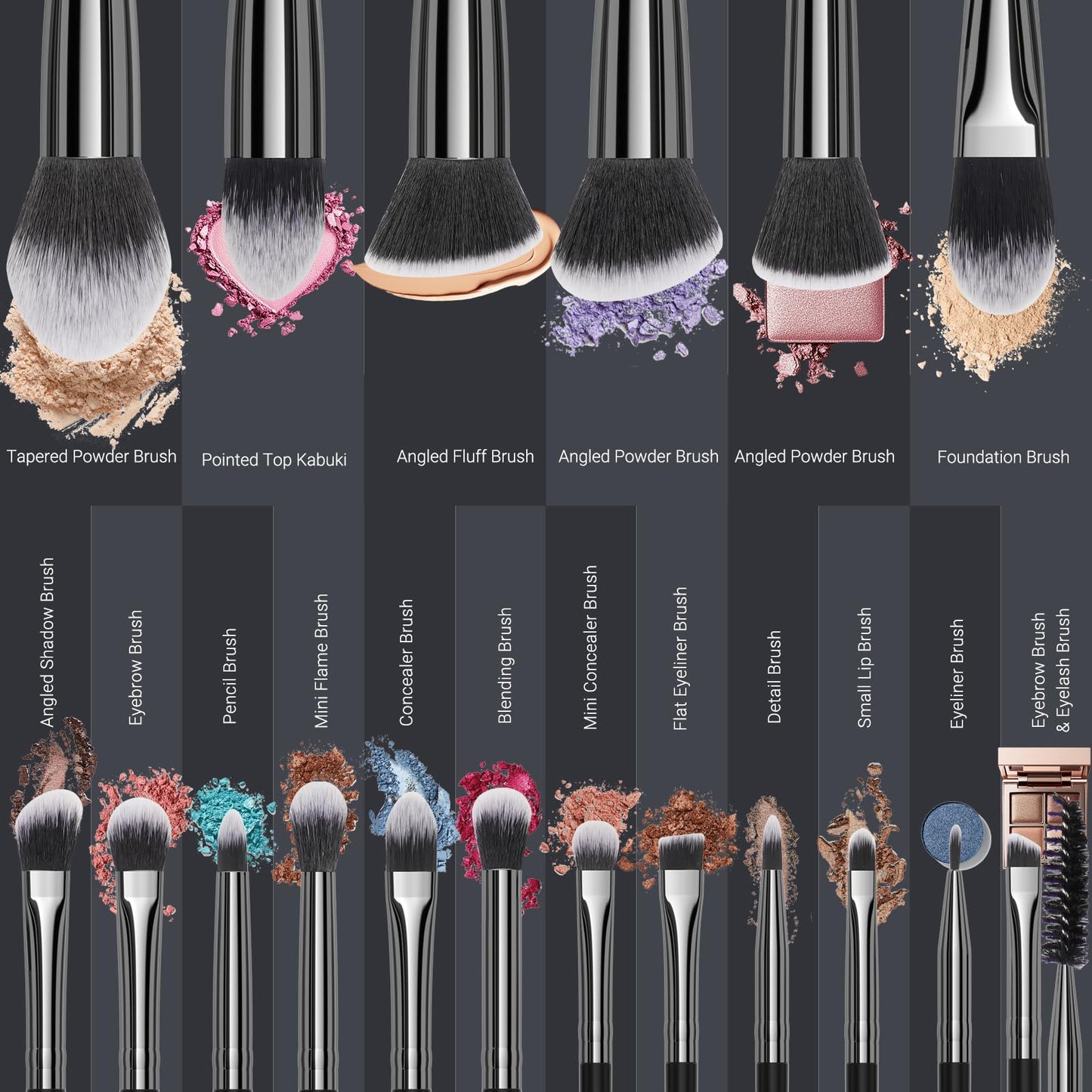 VIVID BEAUTY 18 Pcs Pro Deluxe Makeup Brushes with Travel Case, Premium Powder Foundation Blending Concealer Blush Eyeshadow Face and Eye Make up Brush kit with labels for Beginner(Black)