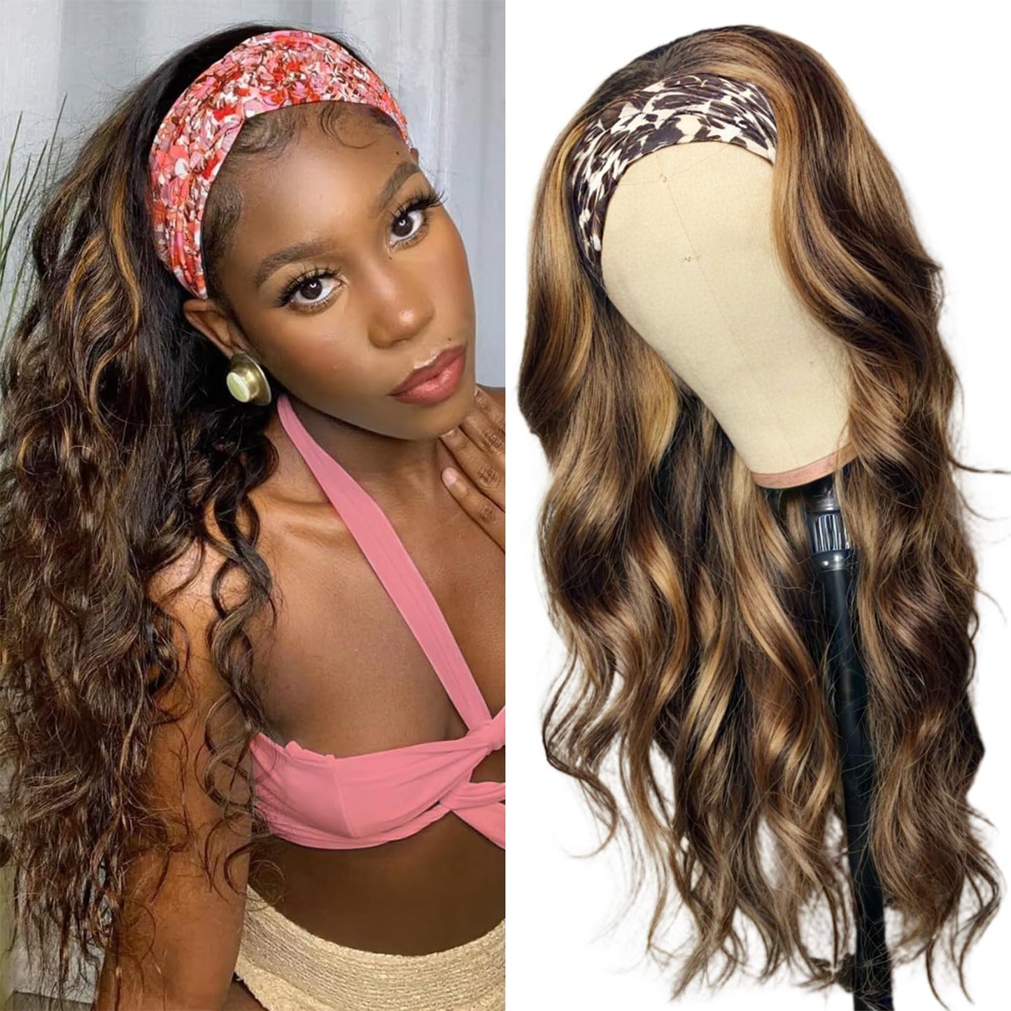 Hertune Highlight Ombre Headband Wig Human Hair 4/27 Highlight Body Wave Wigs Human Hair for Black Women Wear and Go Glueless None Lace Front Wigs Brazilian Virgin Headband Wig Human Hair 12 Inch