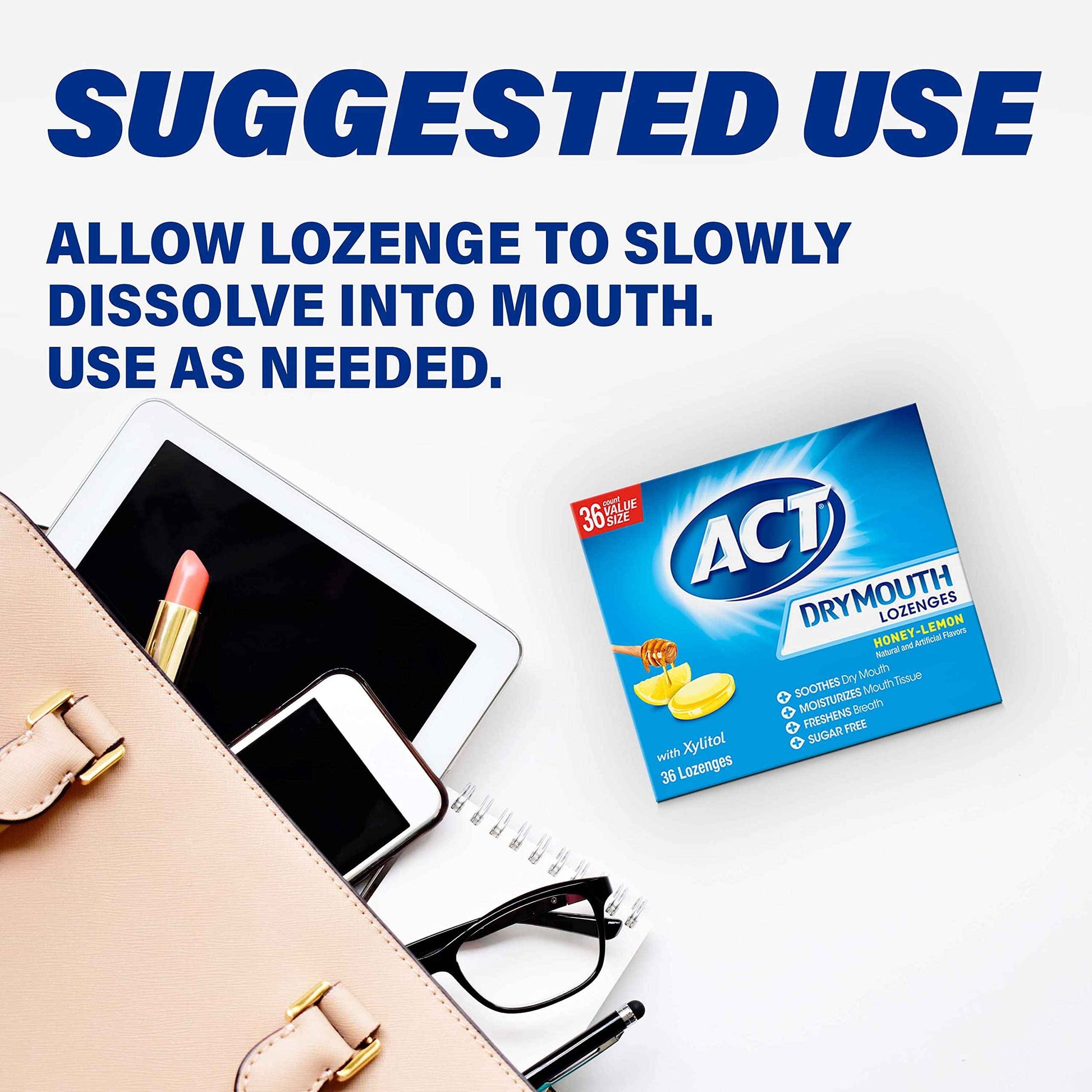 ACT Dry Mouth Lozenges With Xylitol, 36-Count, Sugar Free Honey-Lemon (Pack of 3)