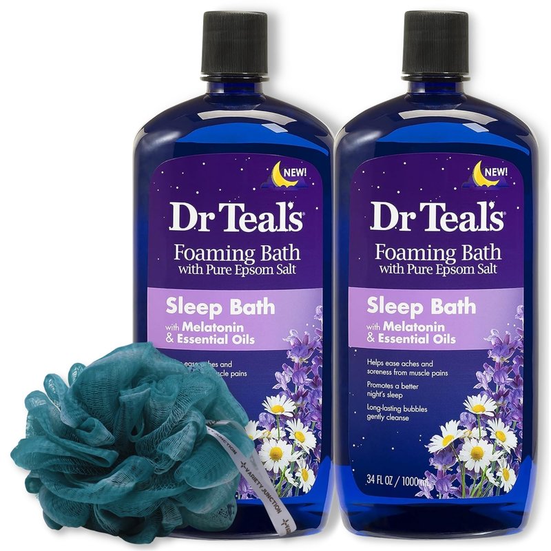 Dr. Teal's Melatonin Foaming Bath 34oz (Pack of 2) with Variety Junction Premium Bath & Shower Sponge - Sleep Inducing Bubble Bath, Clear