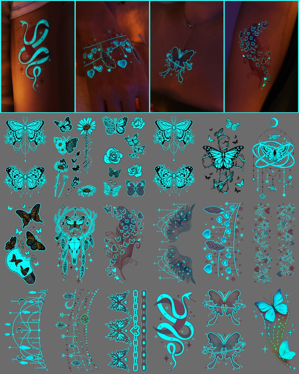 Onogola 20 Sheets Glow In The Dark Butterfly Temporary Tattoos for Women, Luminous Flower Butterflies Wings Fake Tattoo Stickers Art Makeup Waterproof for Face Body Arm Party Favors