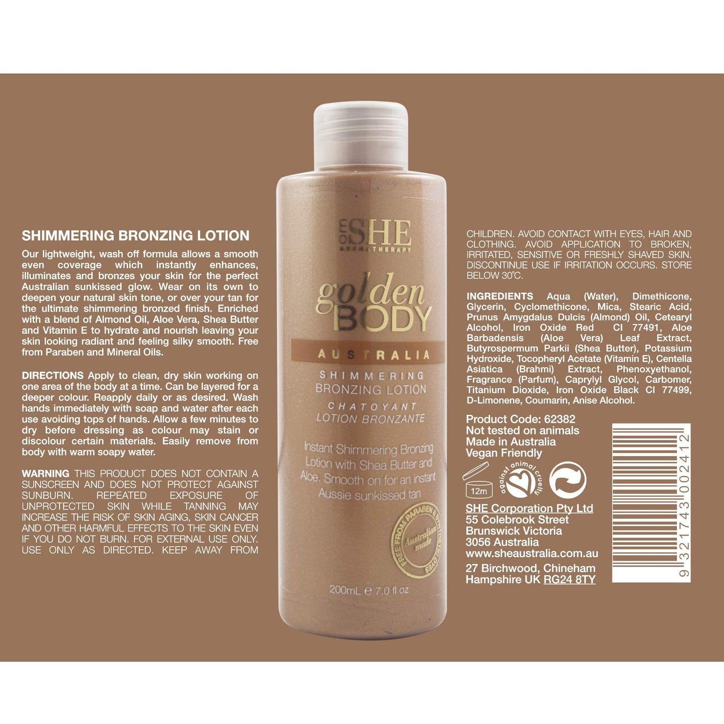 Om She Aromatherapy Golden Body Shimmering Bronzing Lotion 7.0fl oz - Self Tanning, Instant Tan Colour. Australian Made.