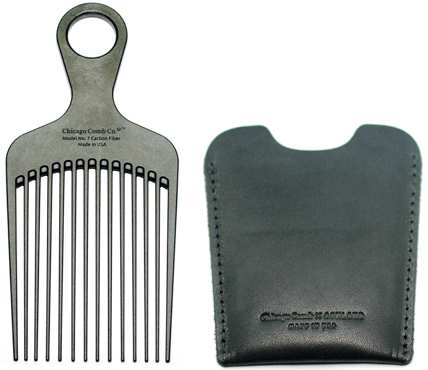 Chicago Comb No. 7 Carbon Fiber + Horween Dublin Black leather sheath, Made in USA, Detangling Pick & Lift Comb, Men & Women, Long, Curly & Thick Hair, Big Beards & Afros, Anti-Static, 6" (15 cm) Long