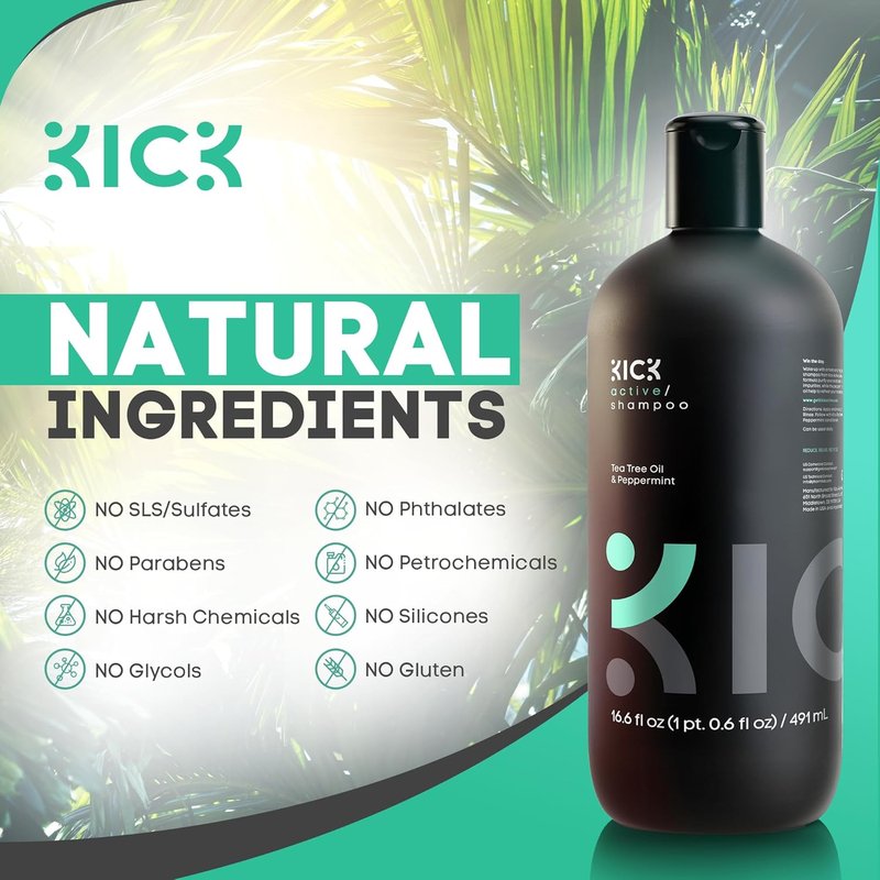 Kick Men's Shampoo - Peppermint & Tea Tree Oil Control | Sulfate-Free, Anti-Dandruff Formula - 16.6oz