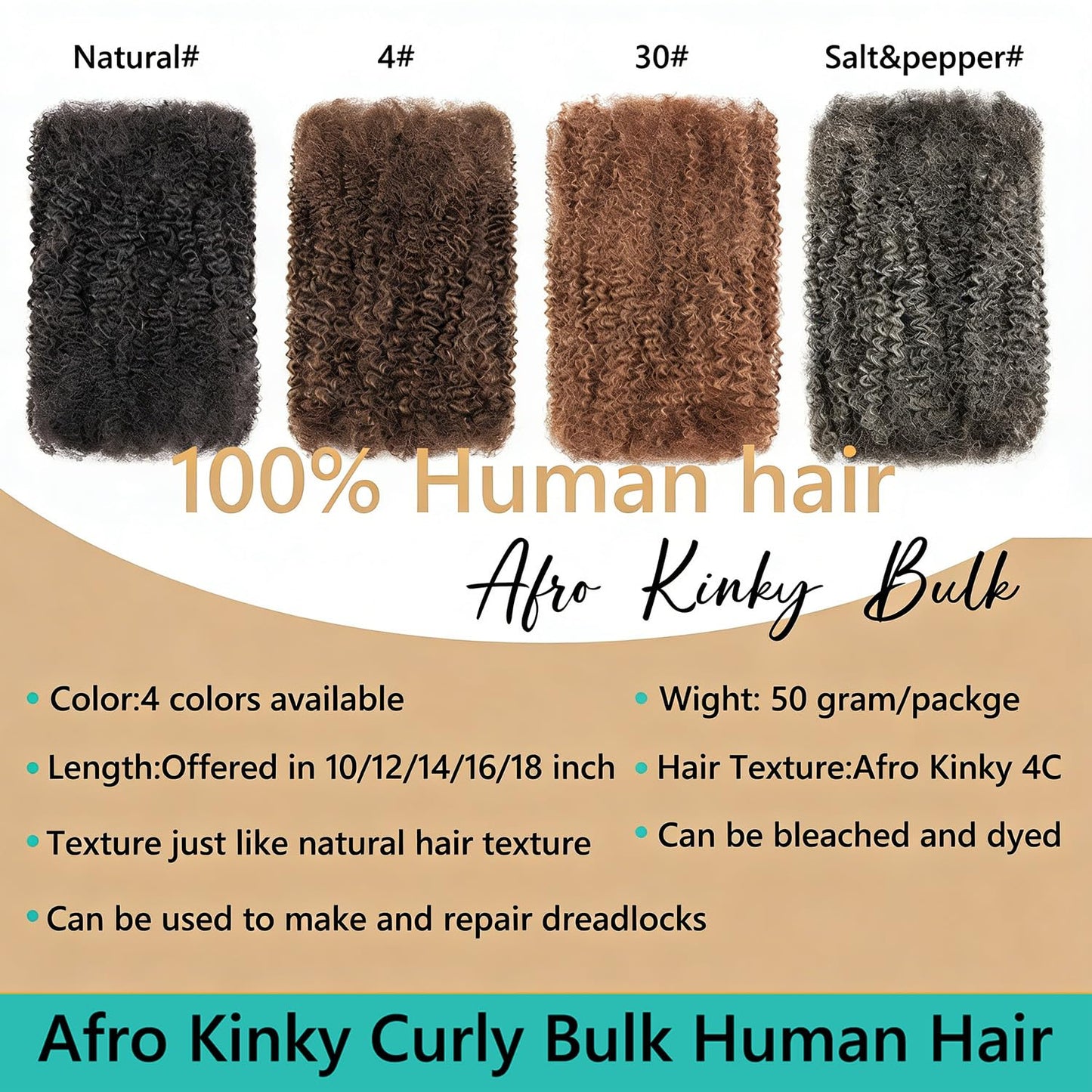 EV&ET Pre-sretched Afro Kinkys Bulk Human Hair Human Hair for Locs/Twists/Braids/Repair Locs Afro Kinky Curly Bulk Can Bleach And Dye(#30,14inch 50g)