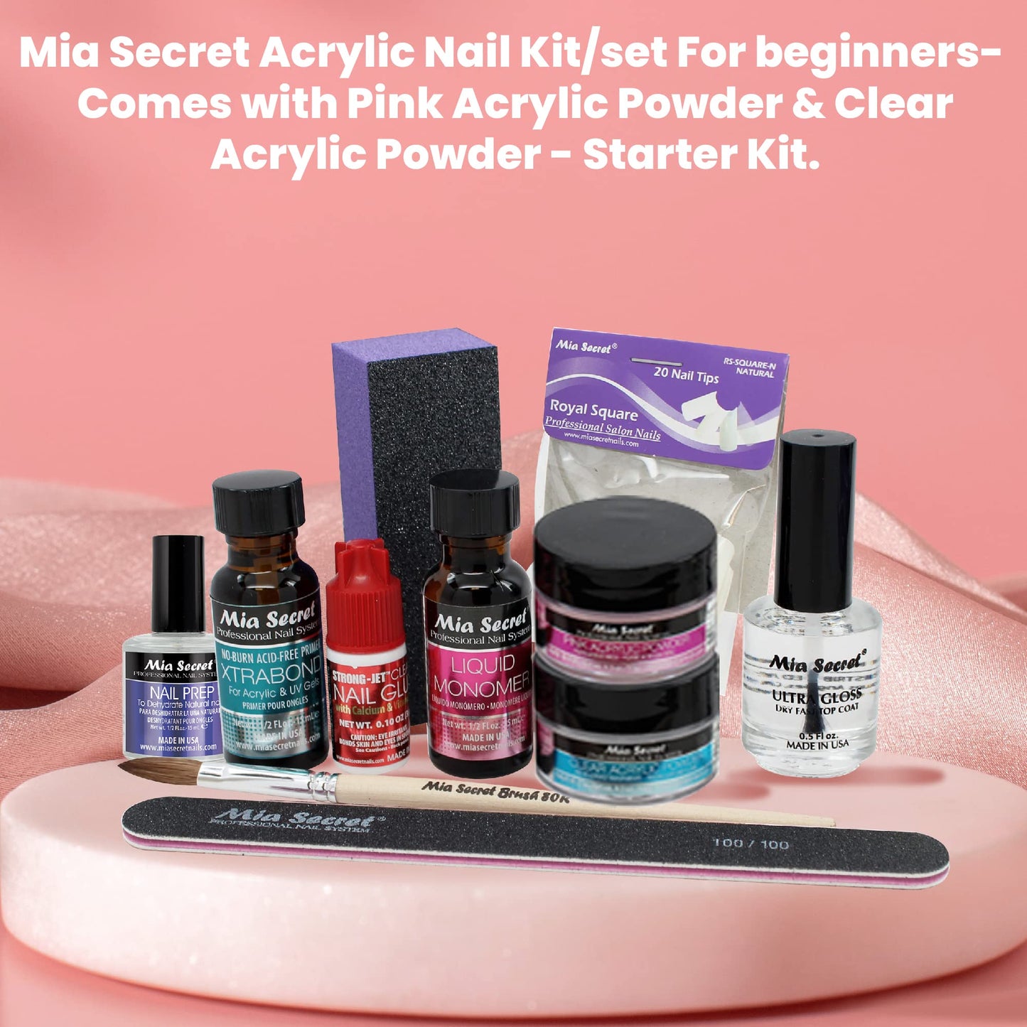 Mia Secret Acrylic Nail Kit/set For beginners - Nails Kit With Pink Acrylic Powder and Clear Acrylic Powder With Everything - Starter Kit de Uñas Acrilicas Mia Secret - Uñas Completo