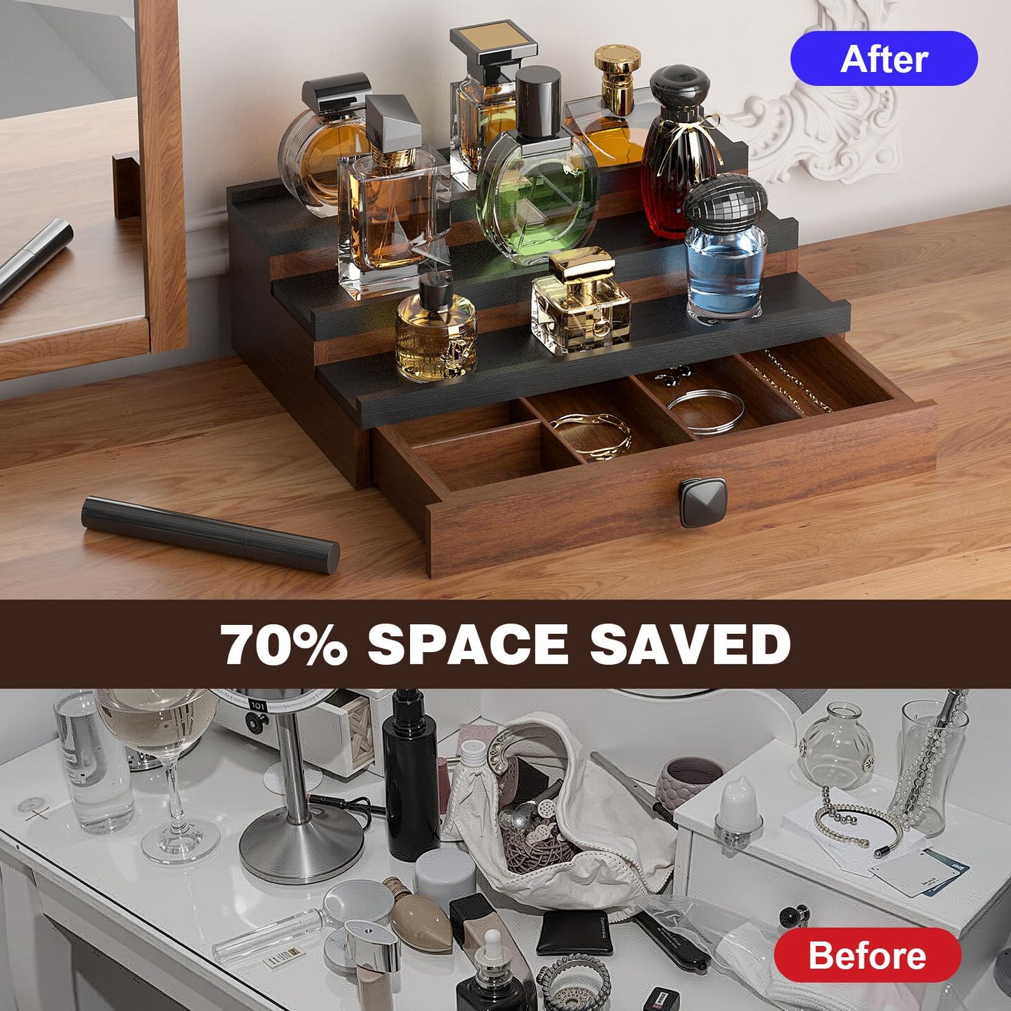 TIRYIUOU Cologne Organizer for Men: with Hidden Vault & Drawer, 3 Tier Wooden Cologne Stand Desktop Perfume Display Shelf, Bedroom Dresser Makeup Lotion Jewelry Storage Organizer ﻿