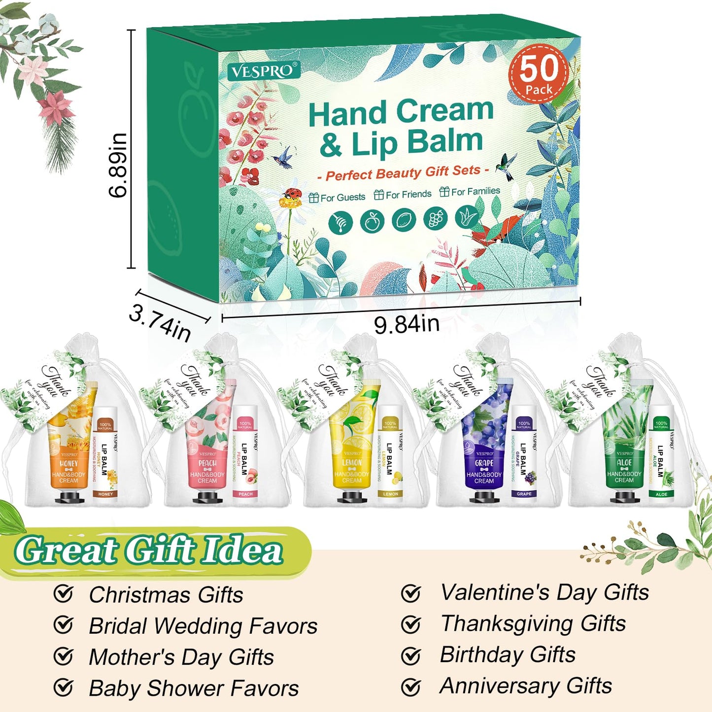 VESPRO 50 Sets Hand Cream Bulk and Lip Balm Bulk Gifts, Mothers Day Gifts and Wedding Shower Favors for Guests with Thank You Card and Organza Gift Bags, Teacher Gift and Nurse Gift