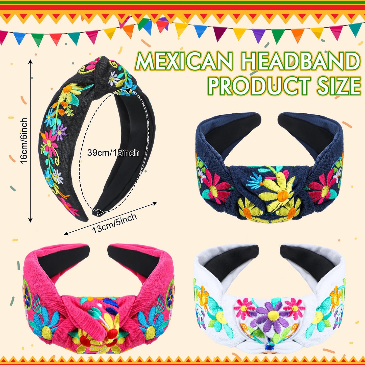 Hoteam 4 Pcs Mexican Embroidery Headband for Women Cinco De Mayo Embroidery Flower Stripe Knotted Wide Headband for Girls Party Gifts Outfit, Day of the Dead, Mexican Independence Day(Flower)