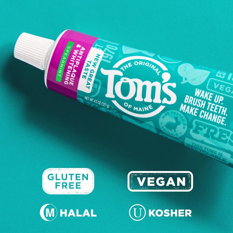 Tom’s of Maine Antiplaque and Whitening Toothpaste, 3 Pack, Natural Fluoride Free Toothpaste, SLS Free Formula, Helps Whiten Teeth and Fights Tartar, Gluten Free, Spearmint, 4.5 oz