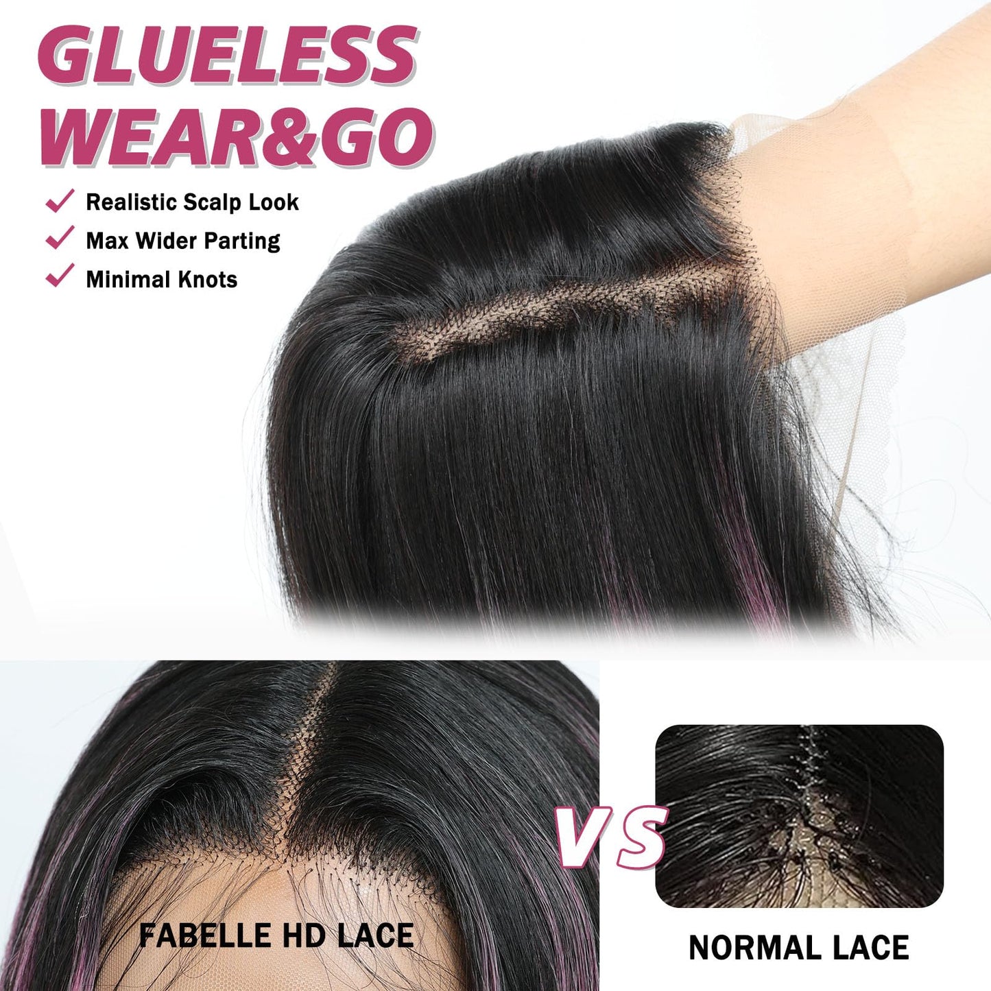 FABÉLLE Black and Pink Highlight Wig Lace Front Wigs Pre Plucked with Baby Hair Glueless Wig 26 Inch Long Straight for Women Pink Color Forehead Synthetic 13×4×1 Lace Front Wig