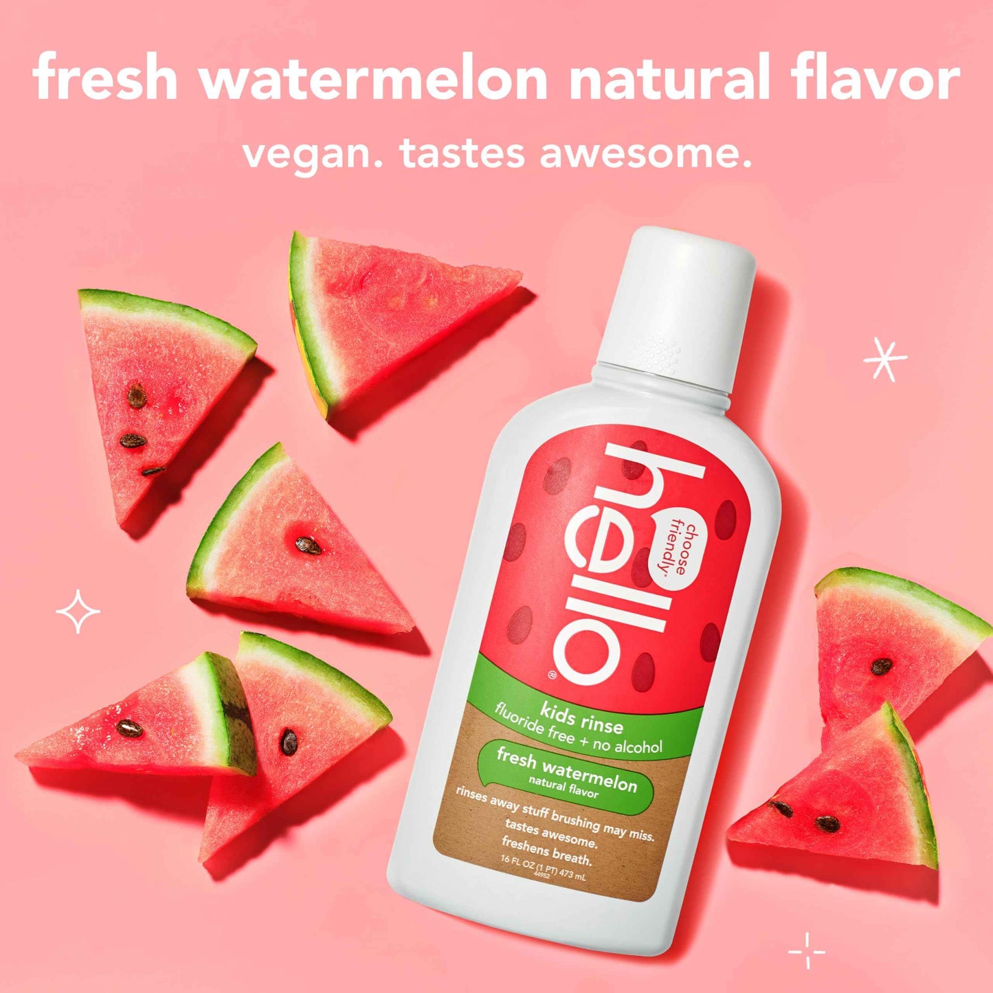 Hello Natural Watermelon Flavor Kids Fluoride Free Rinse, Alcohol Free, Vegan, SLS Free, Mouthwash for Kids Age 6 and Up, 16 Fl Oz (Pack of 3)