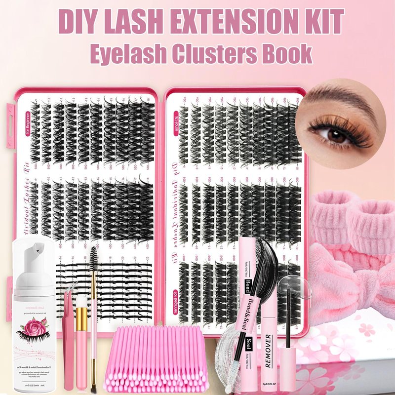 Qiveaory 580PCS DIY Lash Clusters Kit with Lash Spikes Eyelash Clusters D Cluster Eyelash Extensions Lash Bond and Seal Glue Remover Tweezers Eyelash Shampoo Cleansing Brush Headband Wristband