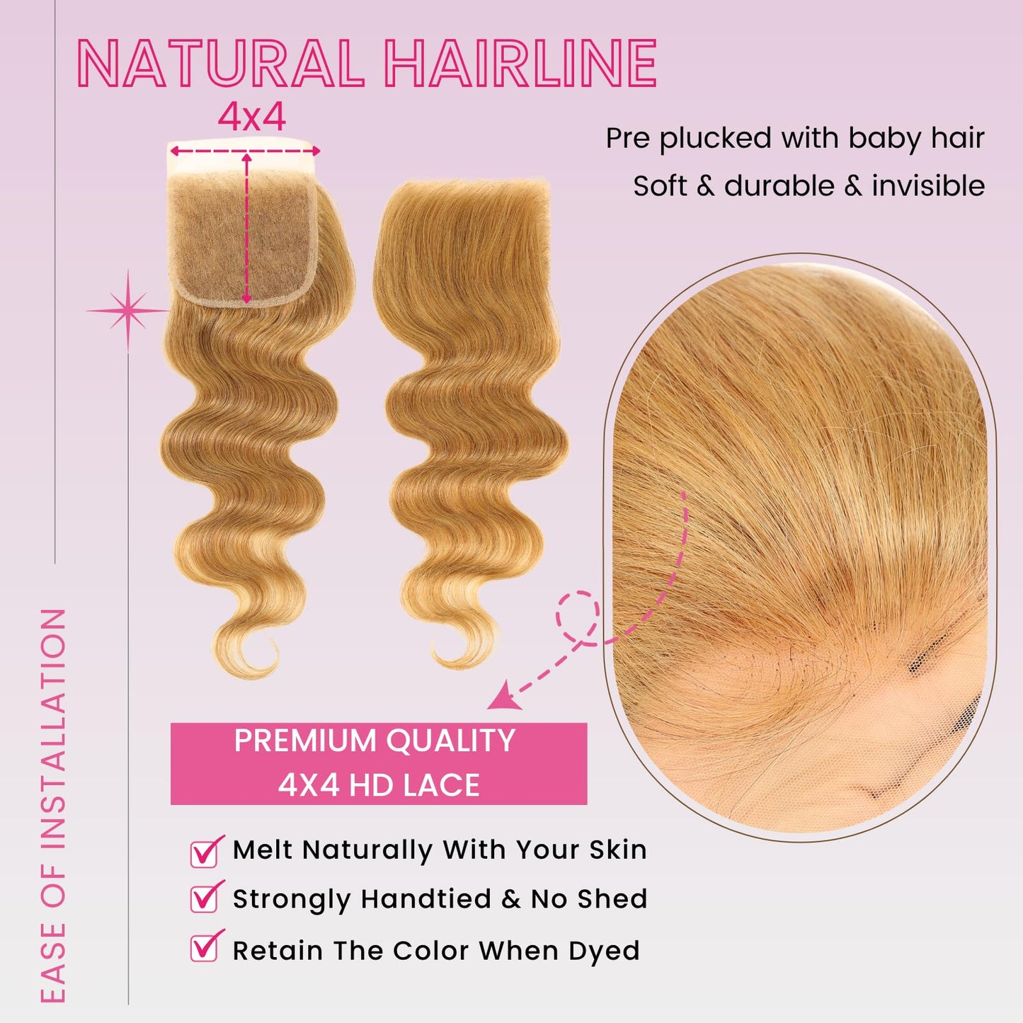 ALHER Honey Blonde 4x4 Closure Human Hair Body Wave, Color #27 Sun-kissed Vibe Golden Blonde Wavy Free Part Melt 4x4 HD Closure, 12A 100% Virgin Remy Real Human Hair Pre Plucked With Baby Hair 10 Inch