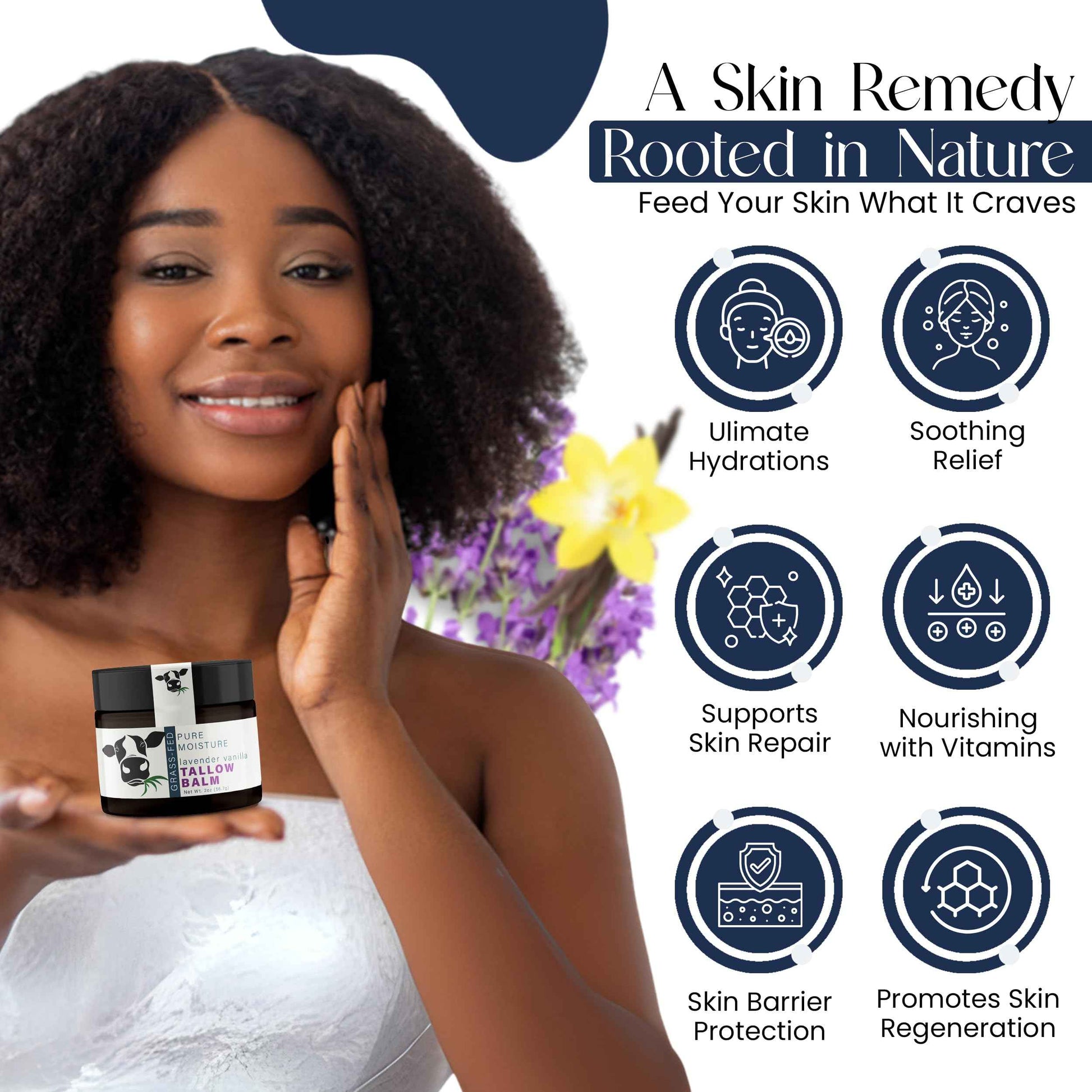 Hygge Beaute Beef Tallow for Skin - Handmade Organic Grass Fed Beef Tallow Face Moisturizer - 2 OZ Lavender Vanilla Scented Beef Tallow Balm with Deep Hydration, Soothing Relief, Skin Repair