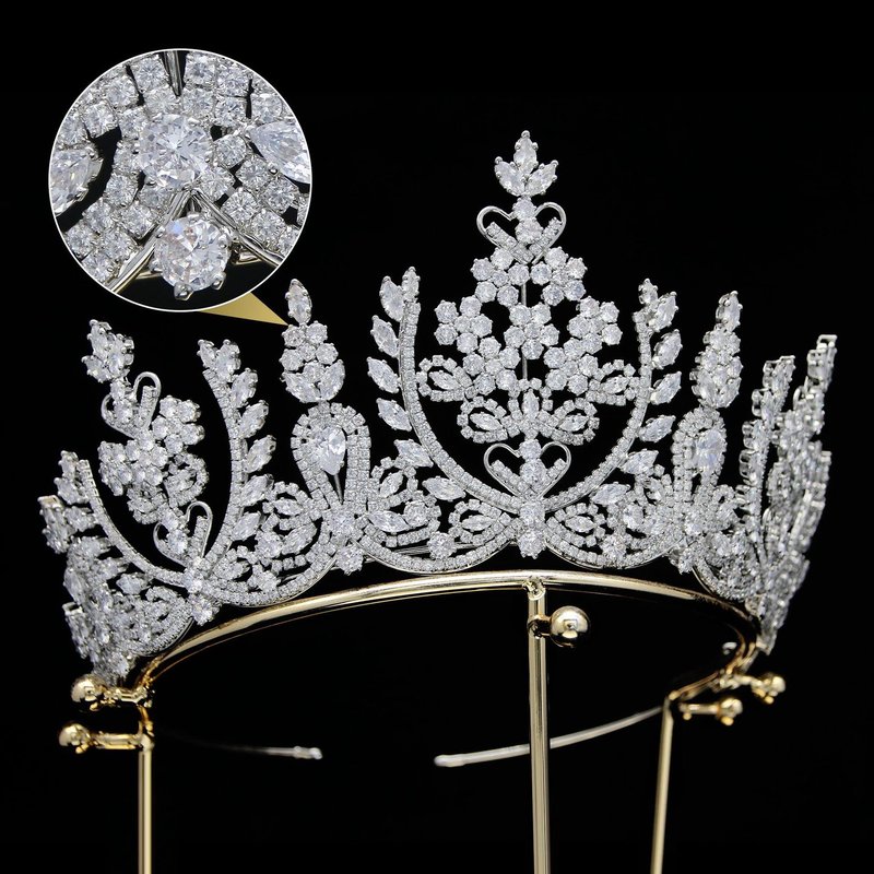 Vintage Wedding Crowns Arab Classic Dubai Cubic Zirconia Crown Bridal Hair Accessories Crystal Tiara Headband for Women (Silver C)