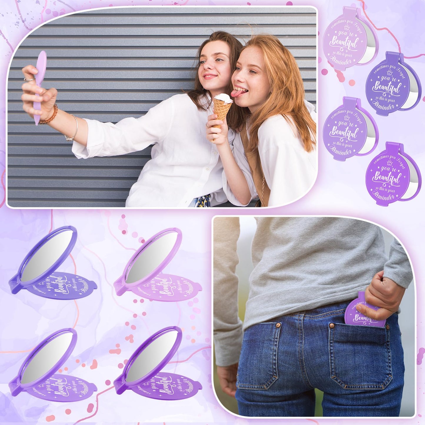 Gulfmew 100 Pcs 2.76 Inch Inspirational Compact Mirror Bulk Women Small Gifts Graduation Mothers Day Party Favors Purse Mirror Pocket Mini Items for Adult Coworker Cheerleader Swag Bag (Purple Series)