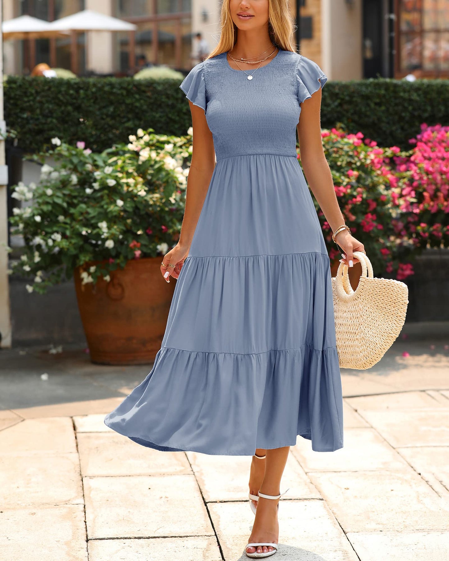 BTFBM Women Casual Short Sleeve Crew Neck Summer Dress Bohemian Floral Printed Flowy Maxi Dresses Tiered Cocktail Dress (Solid Light Blue, X-Large)