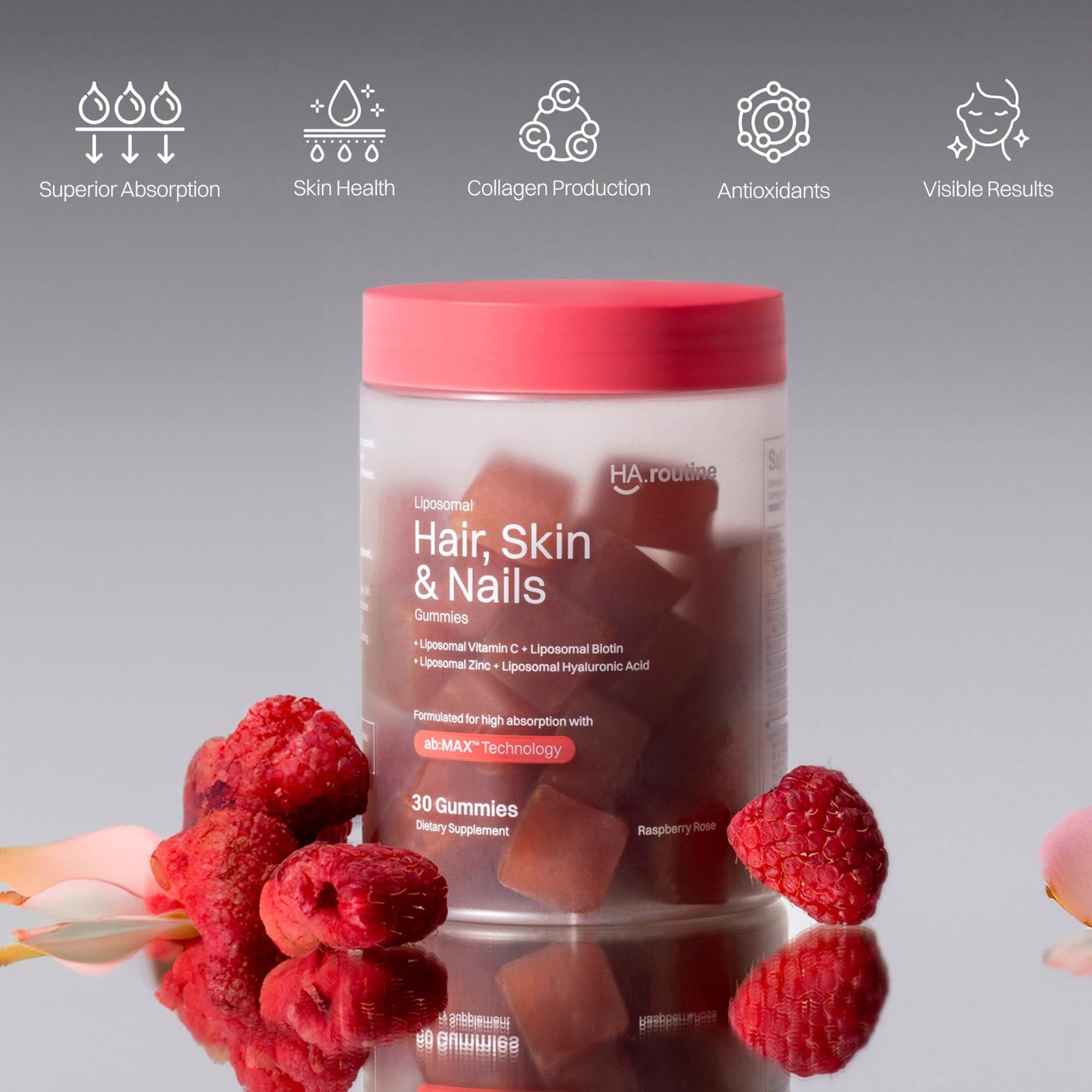 Haroutine Liposomal Hair, Skin & Nails Gummies, 2500 mcg Liposomal Biotin, 1200 mcg Vitamin A, 2 mg Vitamin E, Healthy Hair, Nail Strengthener, Skin Support - 30 Servings Raspberry Rose Flavor