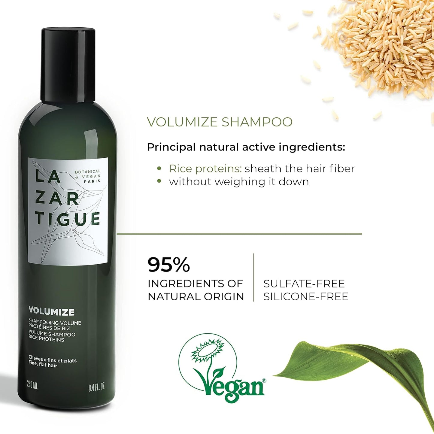 Lazartigue Volumize Shampoo - Rice Protein Formula for Body & Shine | Vegan, Sulfate & Silicone Free, 8.4 Fl Oz