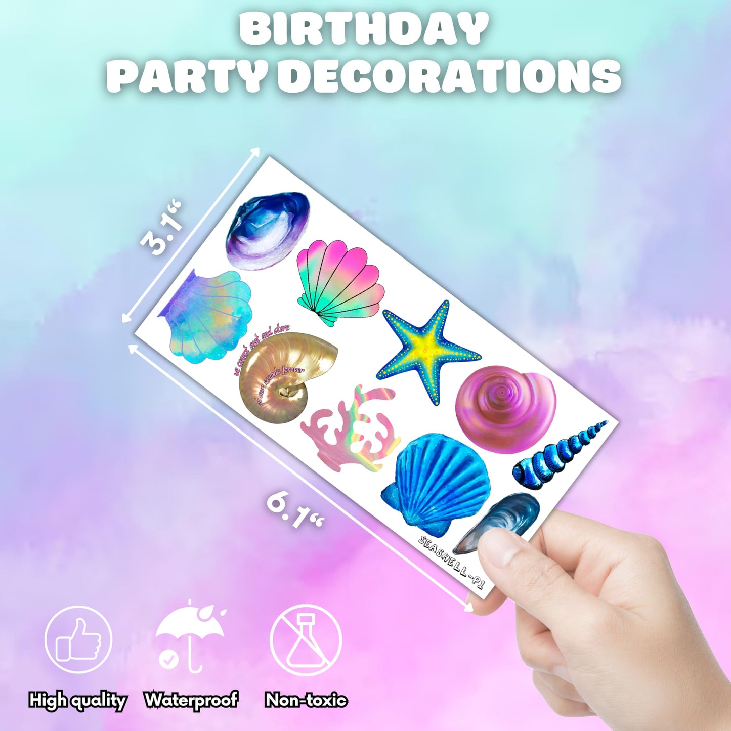 100 PCS Sea Shell Mermaid Birthday Party Decorations Favors Supplies Beach Ocean Seashells Decor Temporary Tattoos Stickers for Girls Boys Cute Gifts School Prizes Rewards