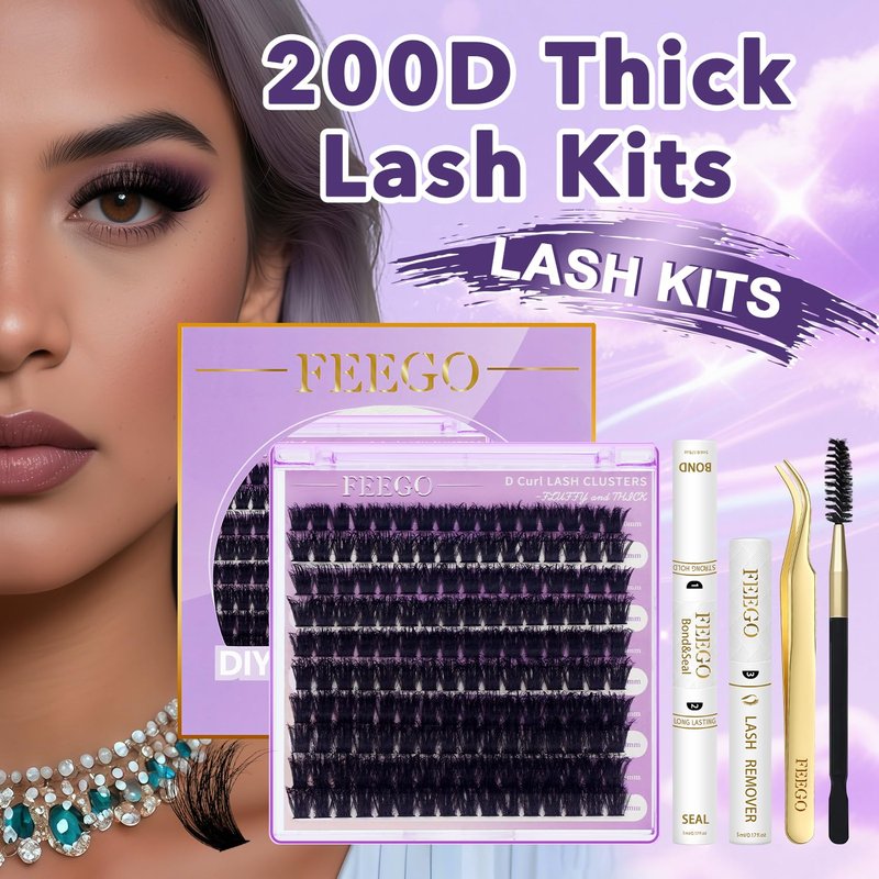 FEEGO Lash Extension Kit 100D/ 200D Fluffy 10-20MM D Curl Lash Clusters Eyelash 160pcs Extension Kit Individual Double headed mascara brush and Seal Lash Remover Lash (200D LASH KIT)
