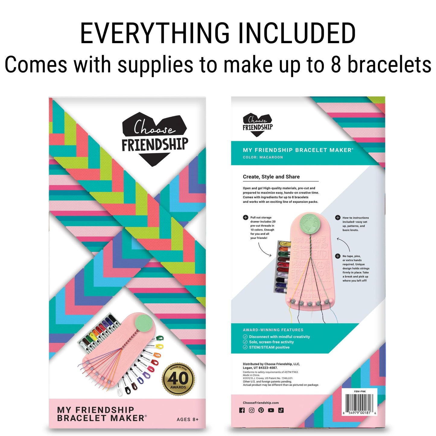 Choose Friendship Bracelet Making Kit – 20 Pre-Cut Threads, Portable Loom with Storage, Makes 8 Bracelets, Craft Gift for Kids Ages 8+, Blush Pink “Macaroon”
