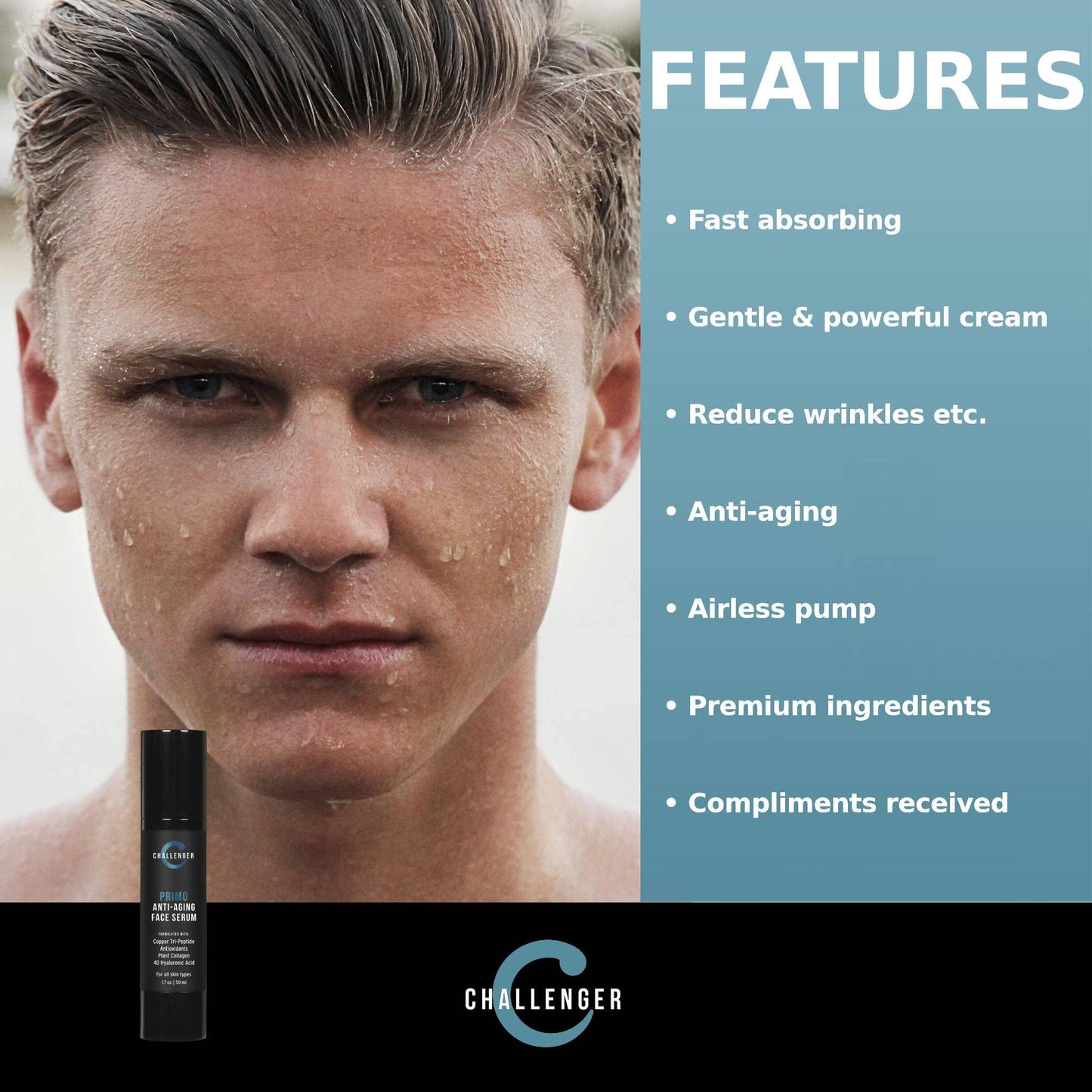 Challenger Primo Anti-Aging Face Serum Skin Care | Reduce Age Spots, Deep Wrinkles | Clean Dispensing Airless Pump | Premium Copper Tri-Peptide Formula w/ 4D Hyaluronic Acid | 1.7oz